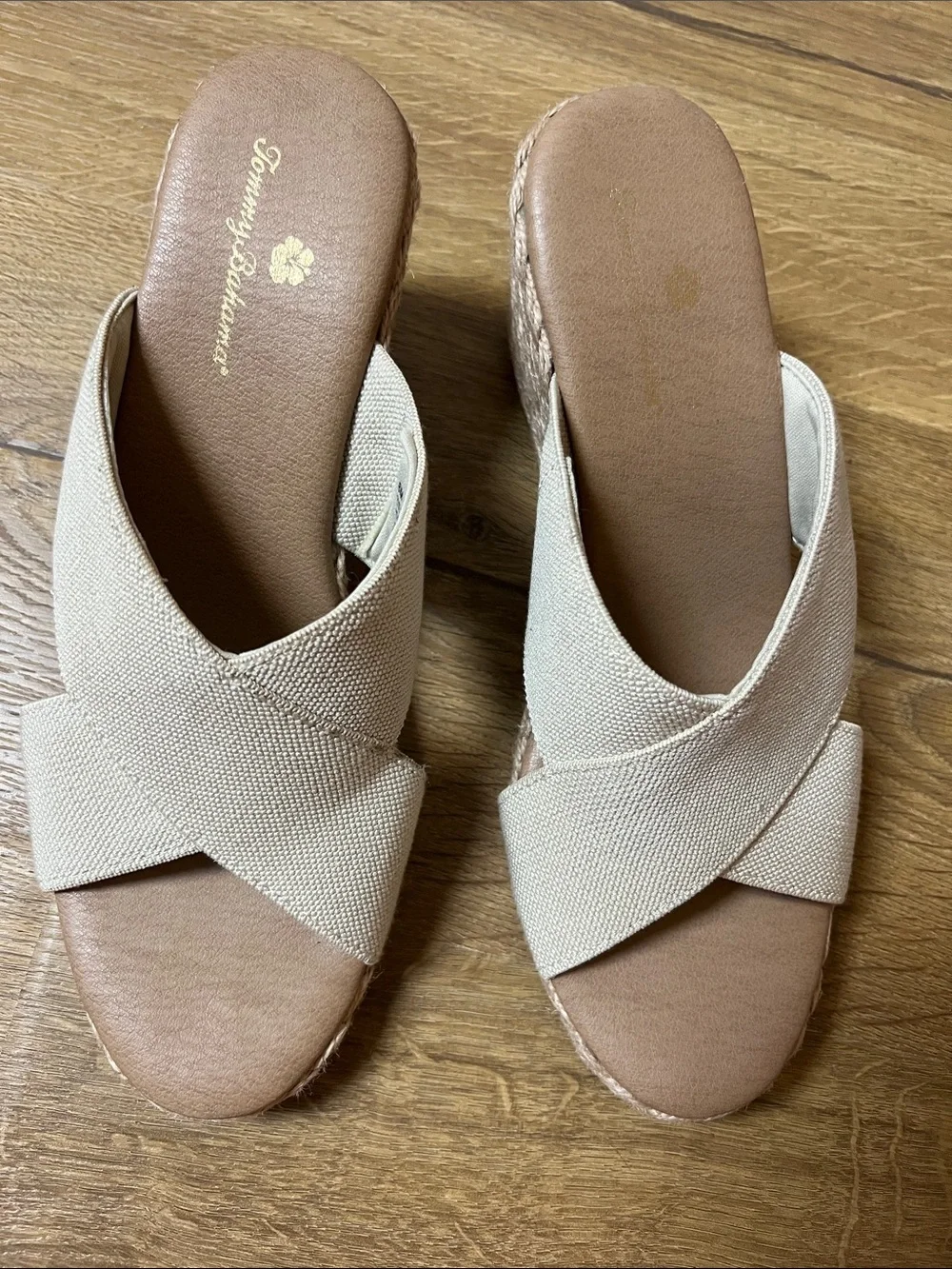 Tommy Bahama Natural Canvas Cross-Band Wedge Sandals - Beige